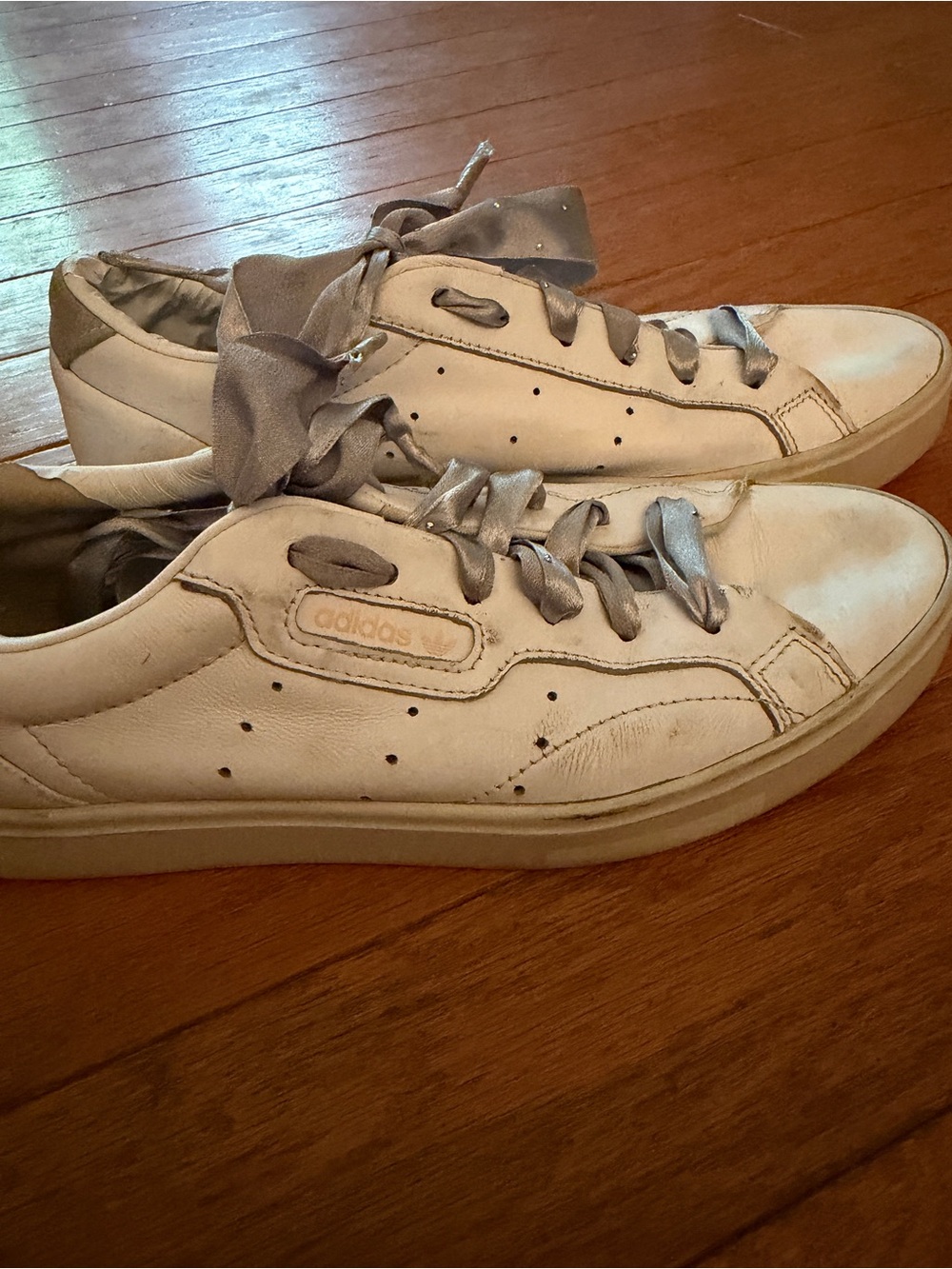 adidas White Leather Sneakers with Silver Ribbon Laces